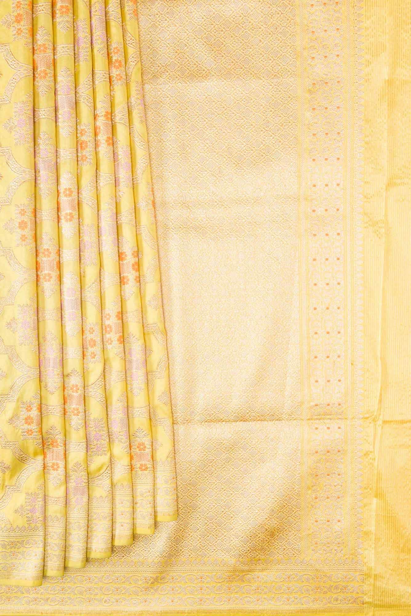 Pure Silk Pure Zari Yellow Dual Tone Banarasi Saree - Image 2
