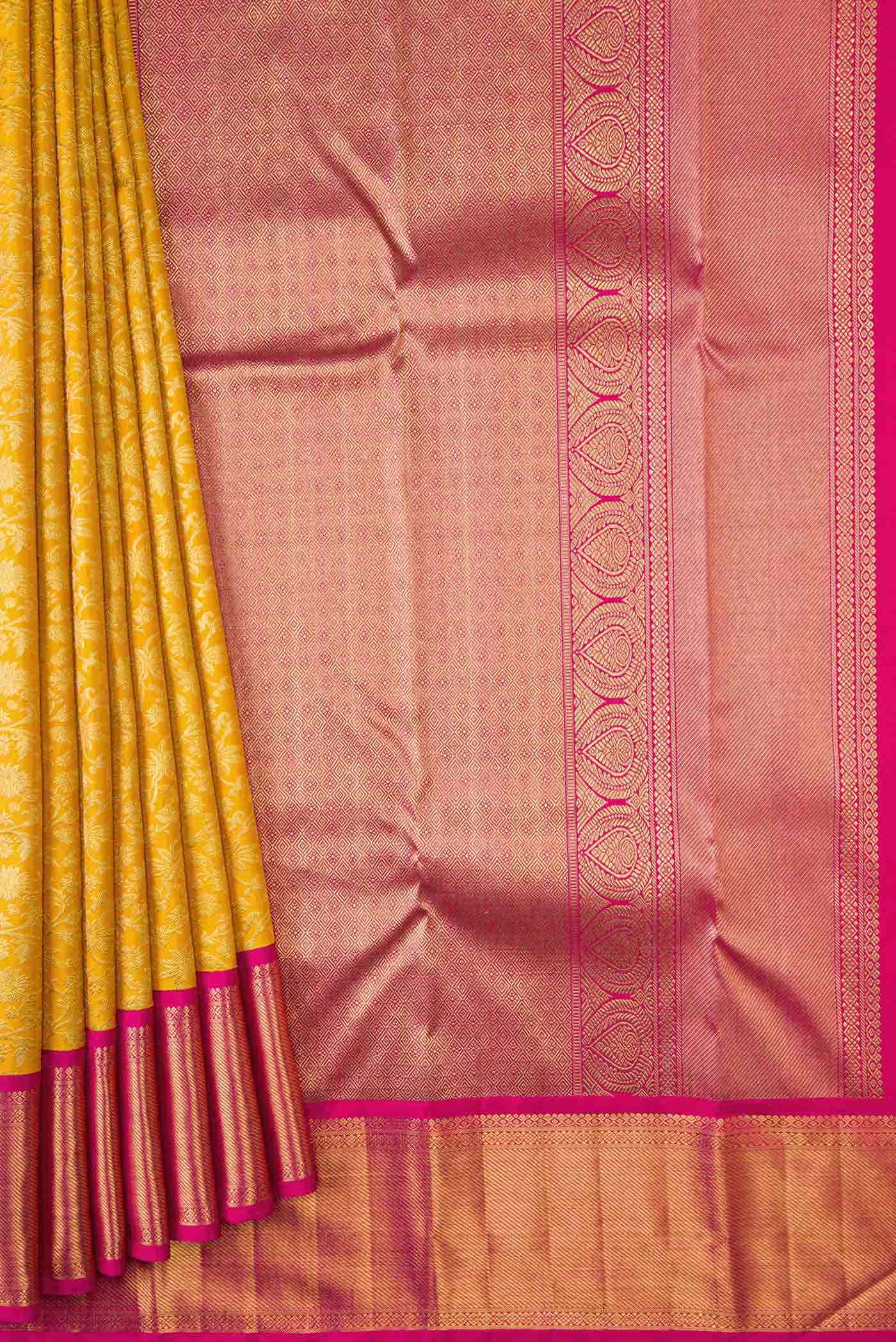 Pure Silk Pure Zari Yellow Dual Tone Kanjivaram Saree - Image 2