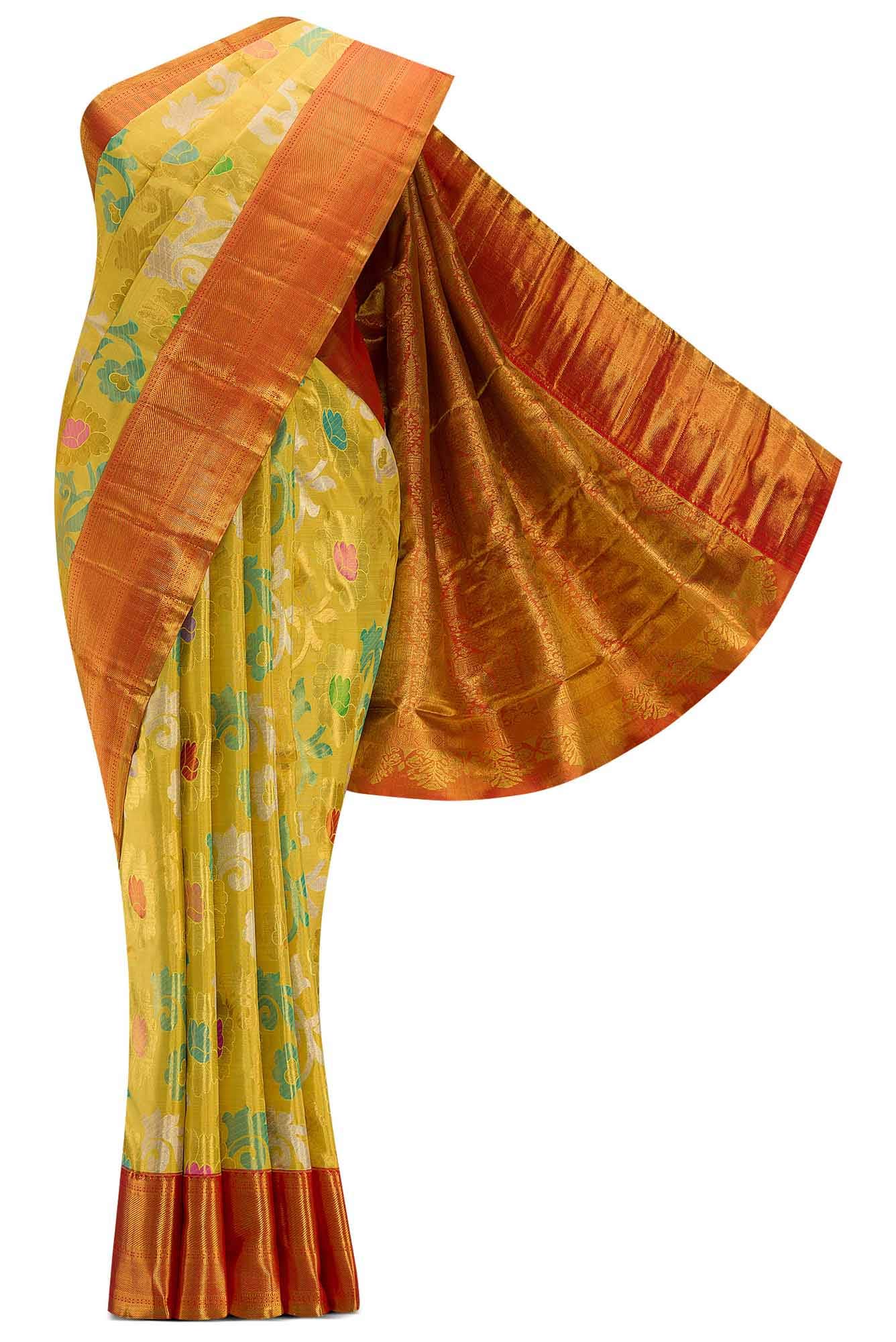 Pure Silk Pure Zari Yellow Dual Tone Kanjivaram Tissue Saree