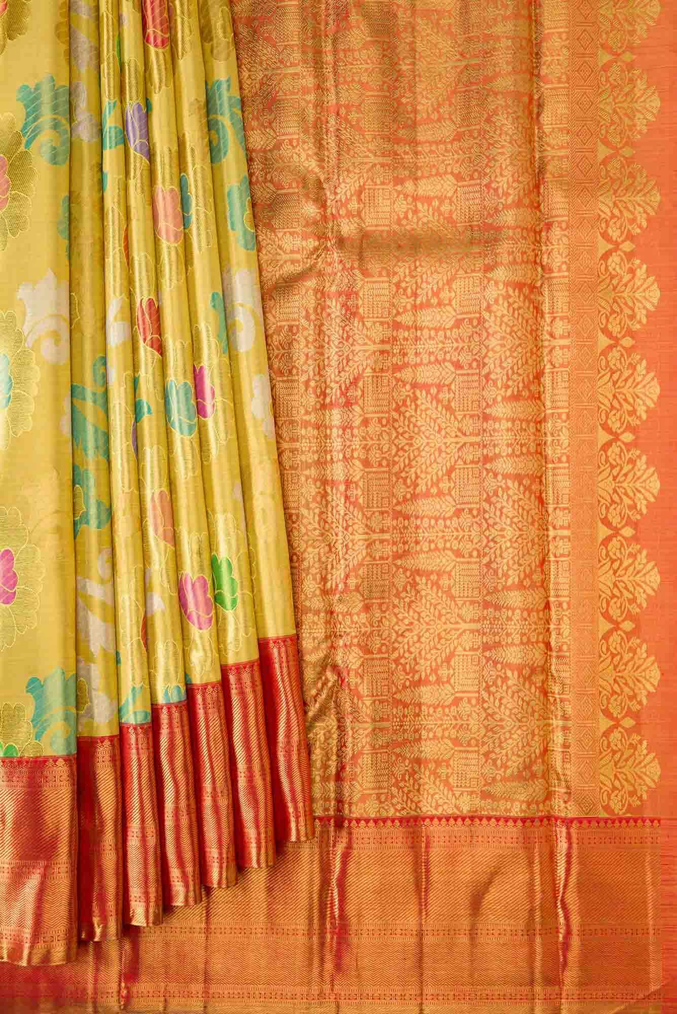 Pure Silk Pure Zari Yellow Dual Tone Kanjivaram Tissue Saree - Image 2
