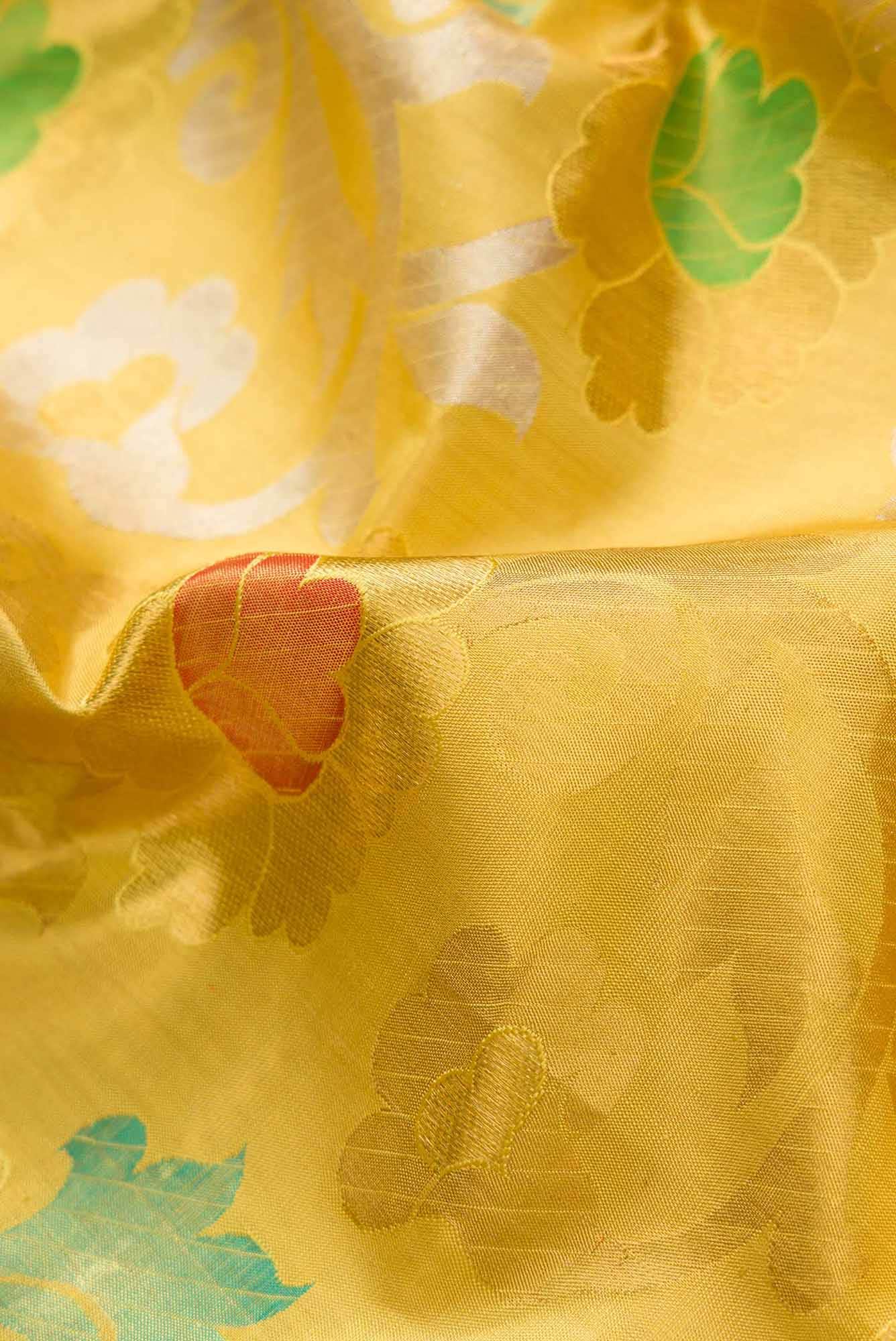 Pure Silk Pure Zari Yellow Dual Tone Kanjivaram Tissue Saree - Image 3
