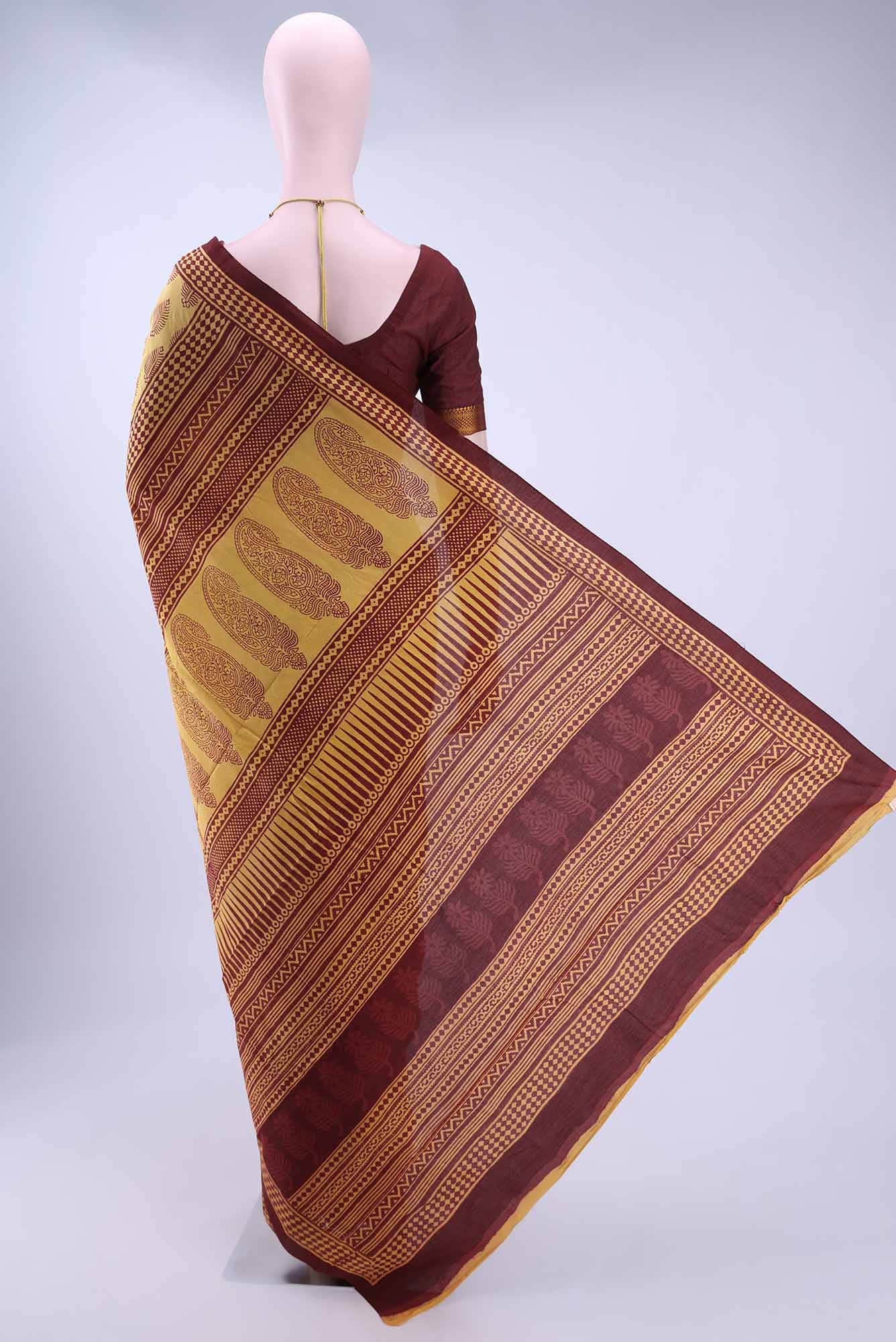 Yellow Printed Cotton Saree - Image 3