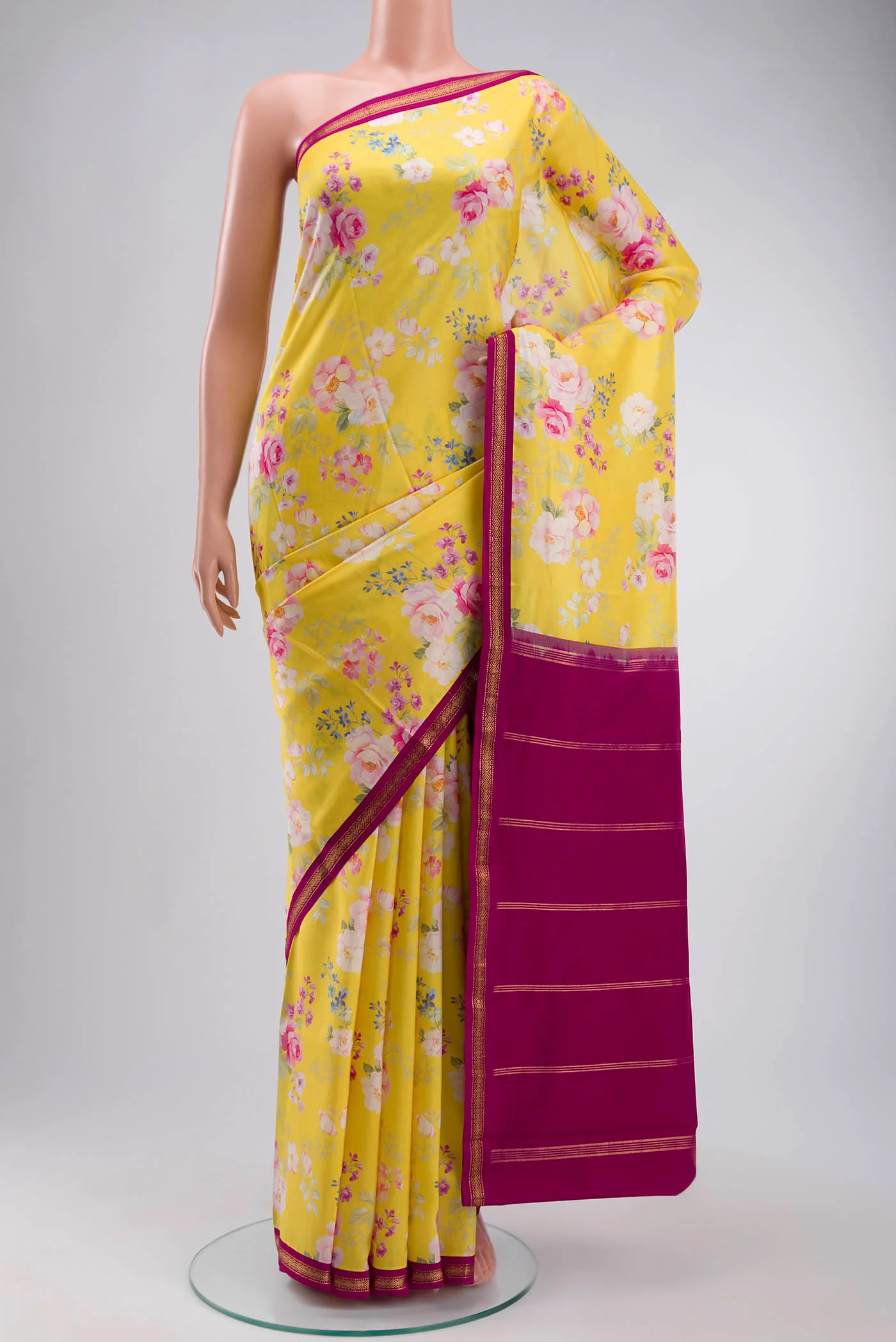 Yellow Printed Silk Saree