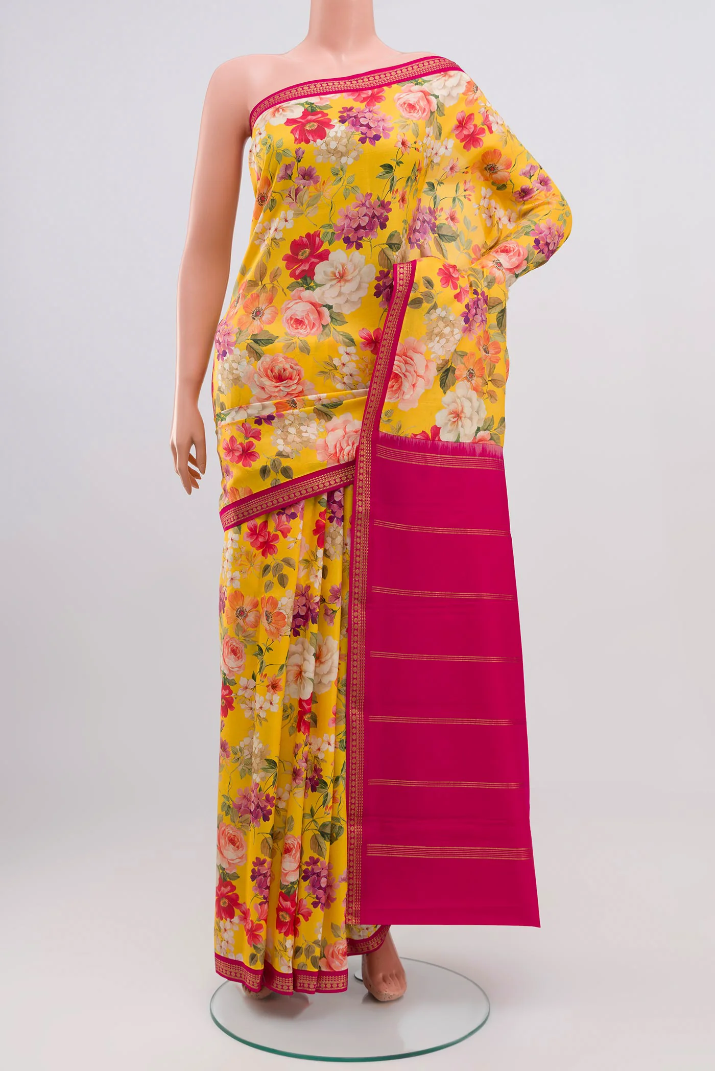 Yellow Printed Silk Saree