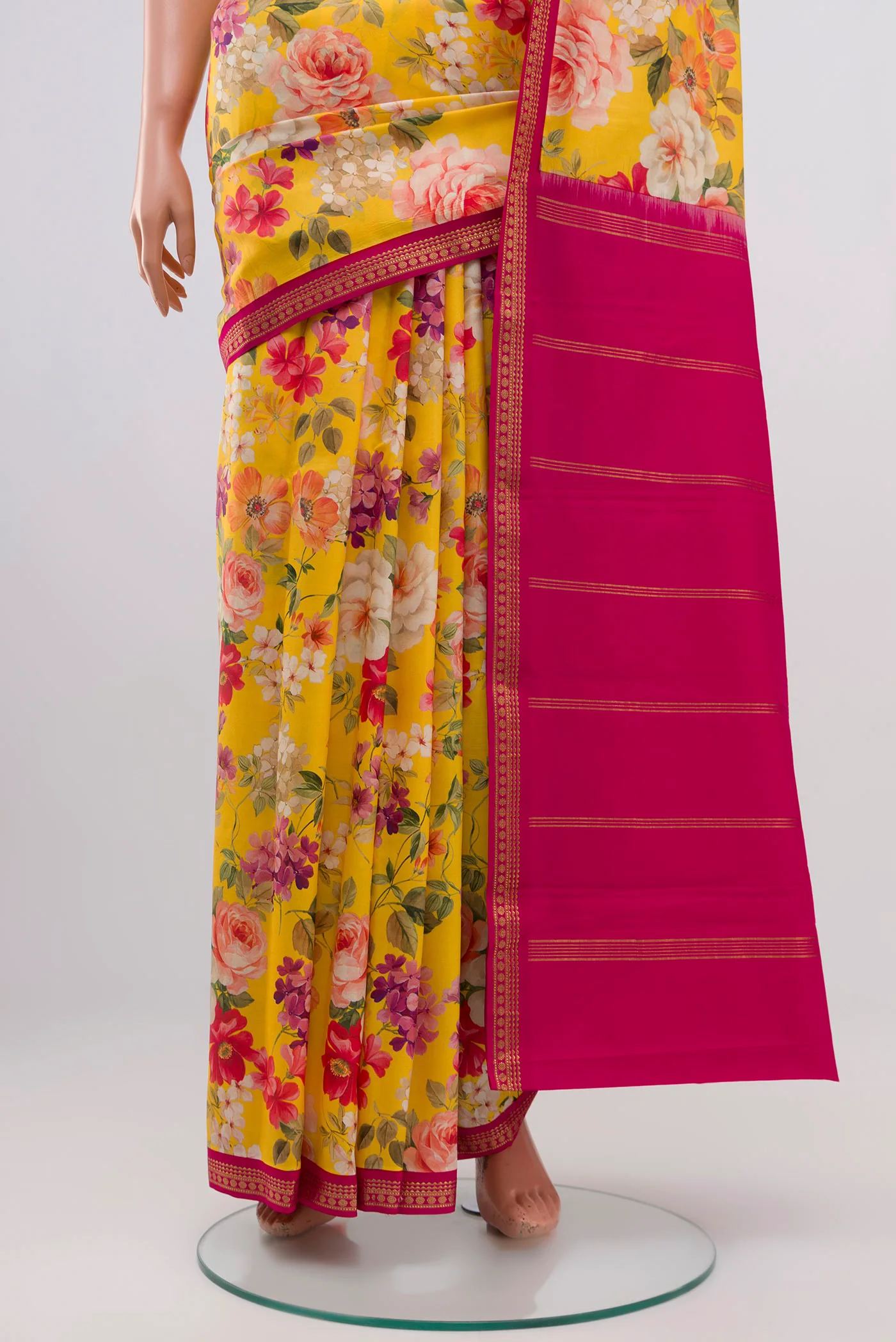 Yellow Printed Silk Saree - Image 3