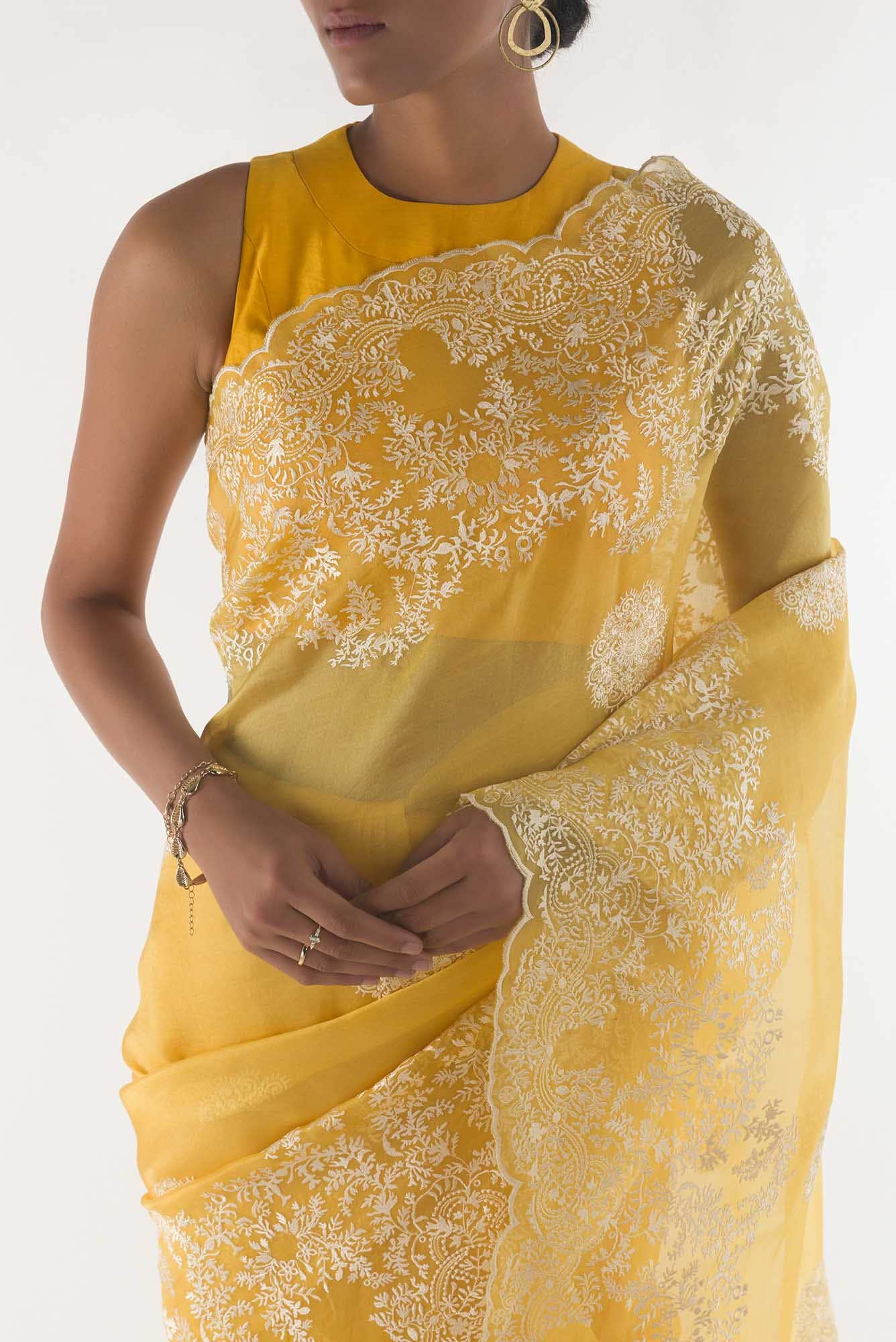Garden of Eden Yellow floral design saree from Embroidered Romance Collection by Nalli - Image 3