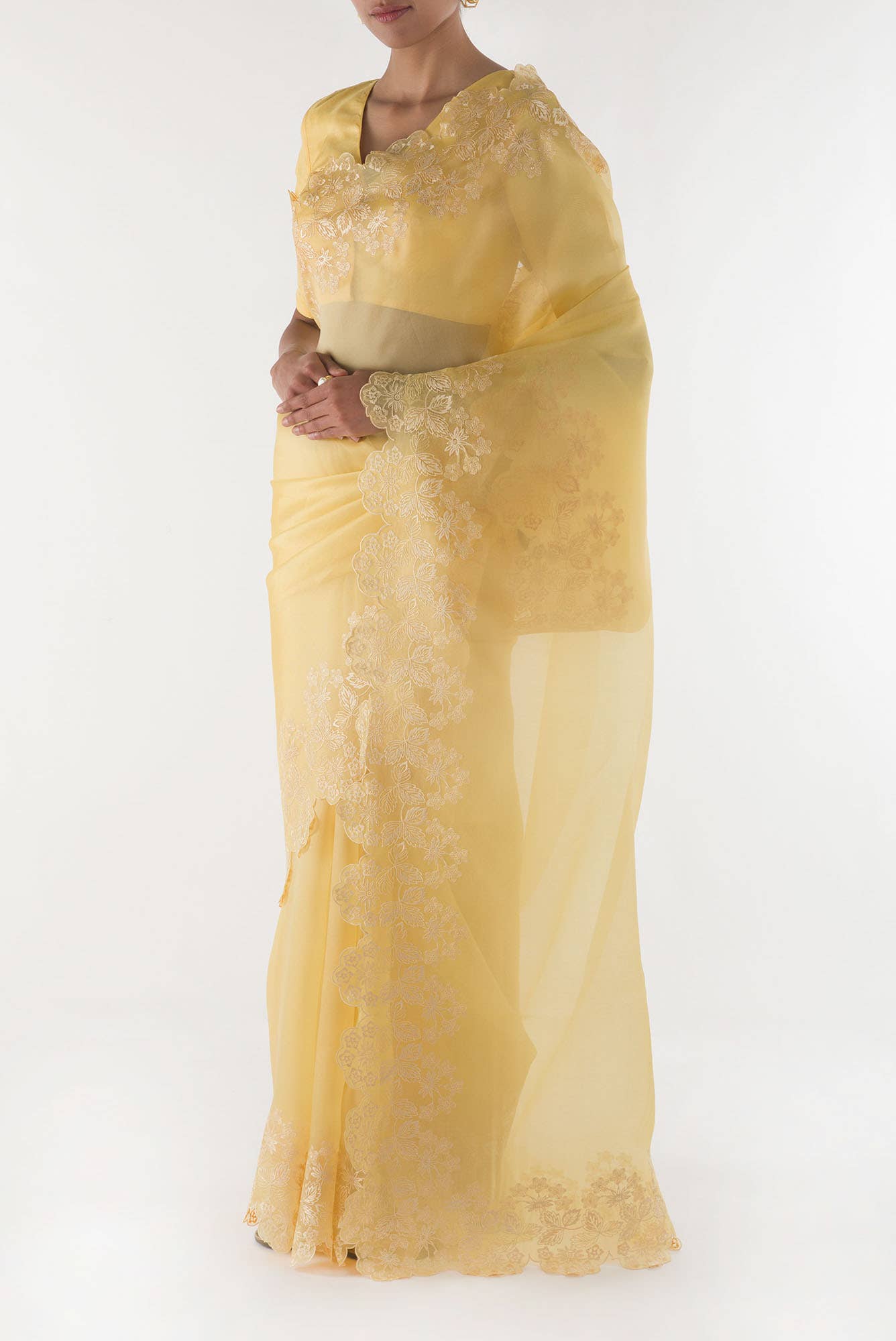 Forget-me-not Lemon yellow floral design saree from Embroidered Romance Collection by Nalli - Image 3