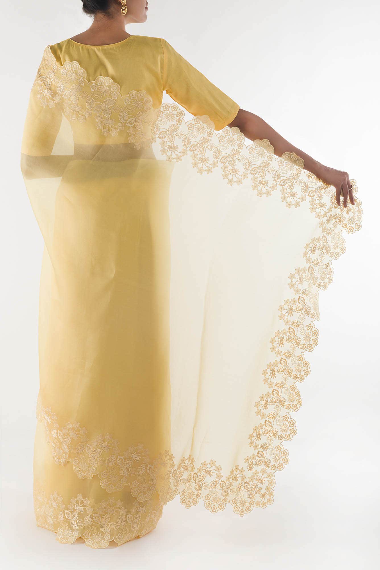 Forget-me-not Lemon yellow floral design saree from Embroidered Romance Collection by Nalli - Image 4