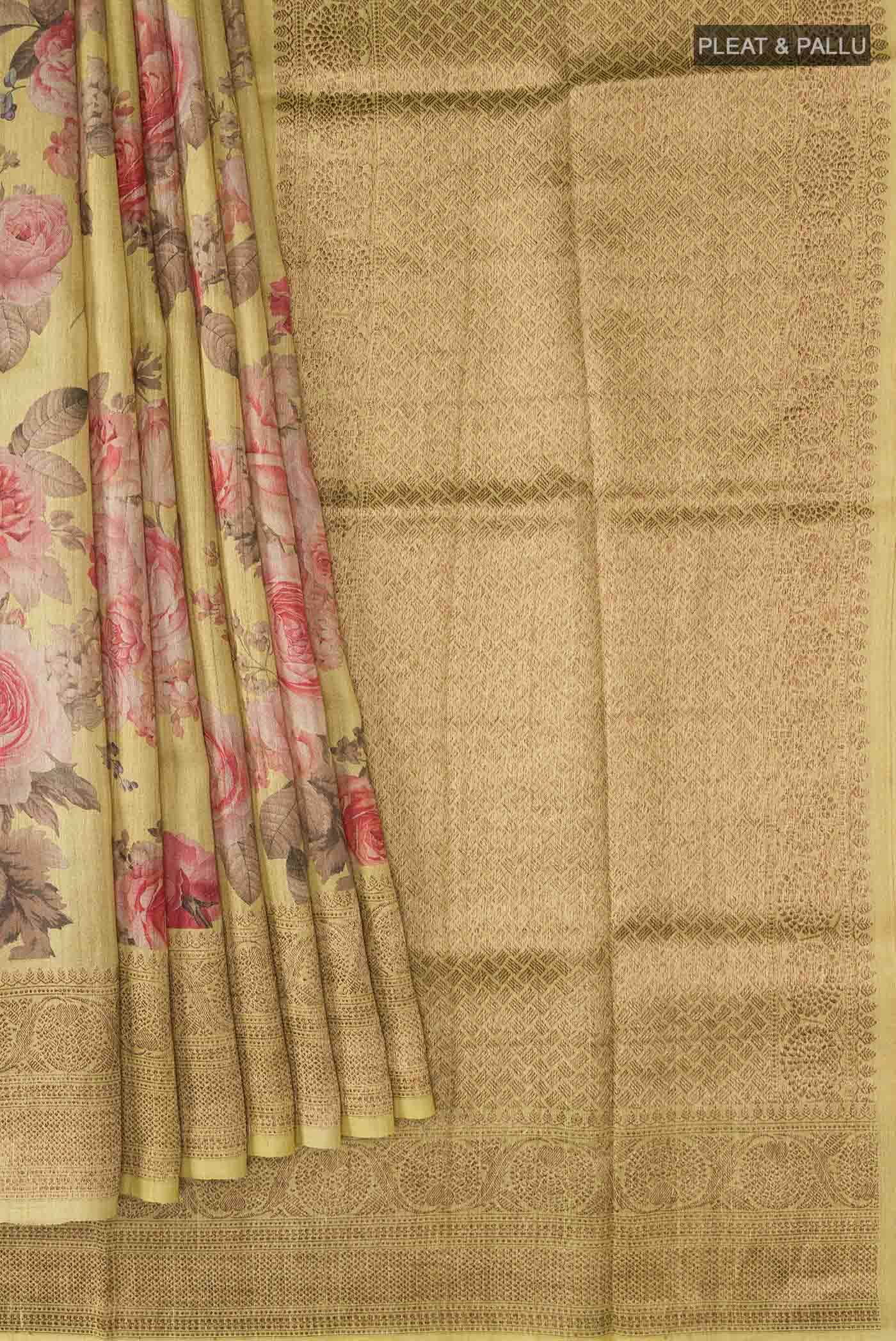Yellow Tussar Silk Saree - Image 2
